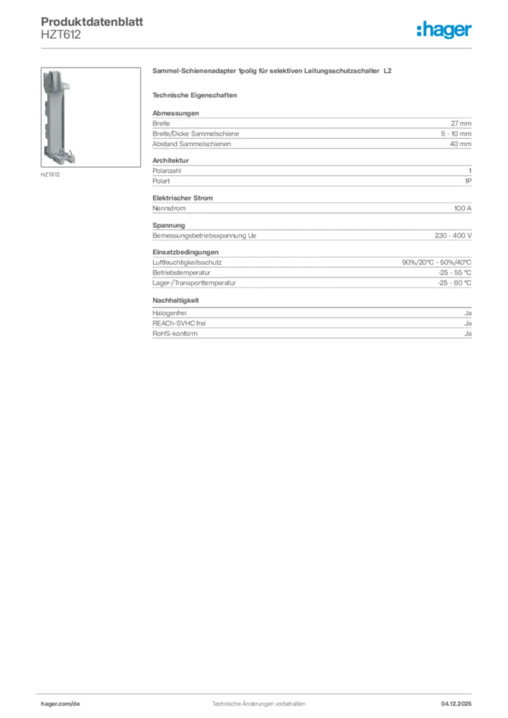 Bild Hager Produktdatenblatt HZT612 | Hager Deutschland
