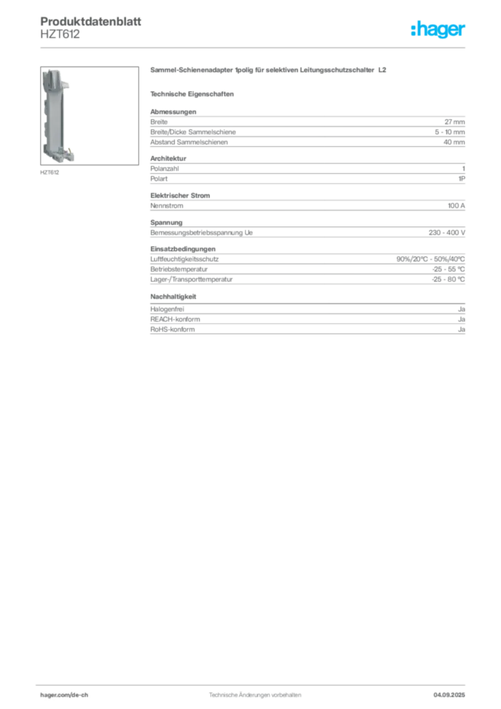Bild Hager Produktdatenblatt HZT612 | Hager Schweiz