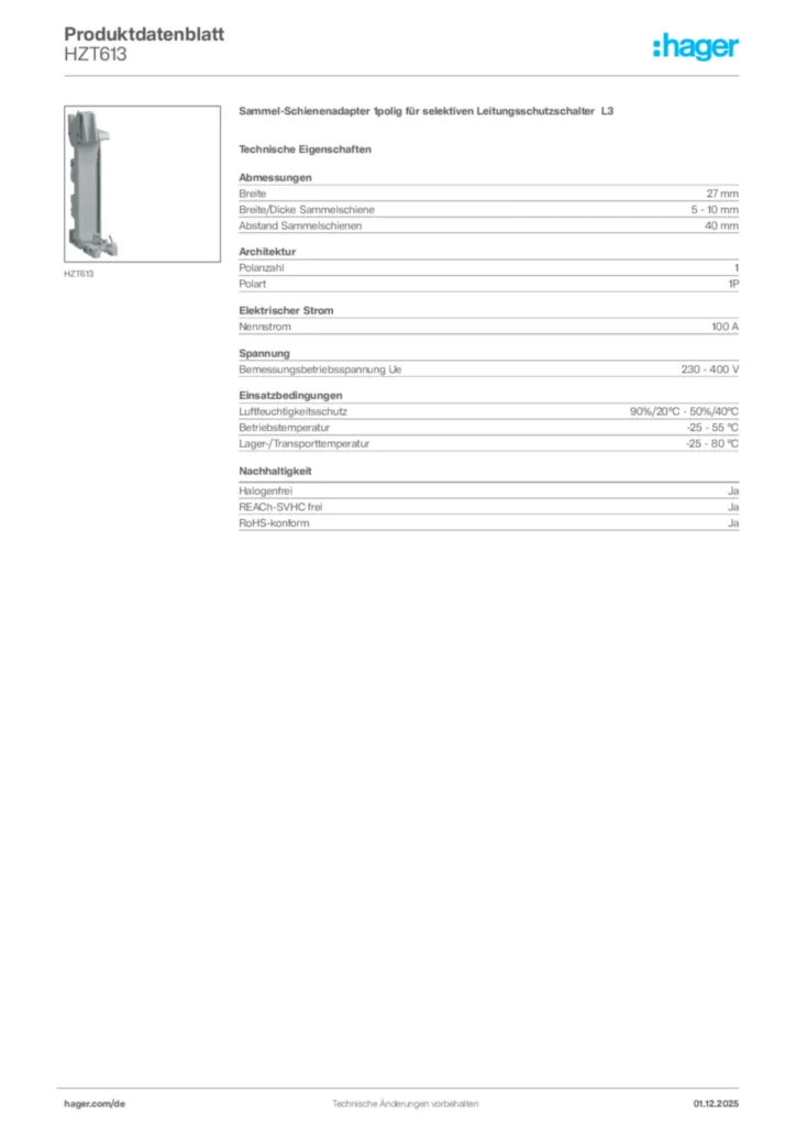 Bild Hager Produktdatenblatt HZT613 | Hager Deutschland