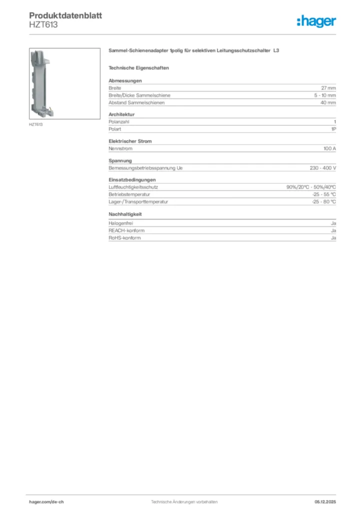 Bild Hager Produktdatenblatt HZT613 | Hager Schweiz