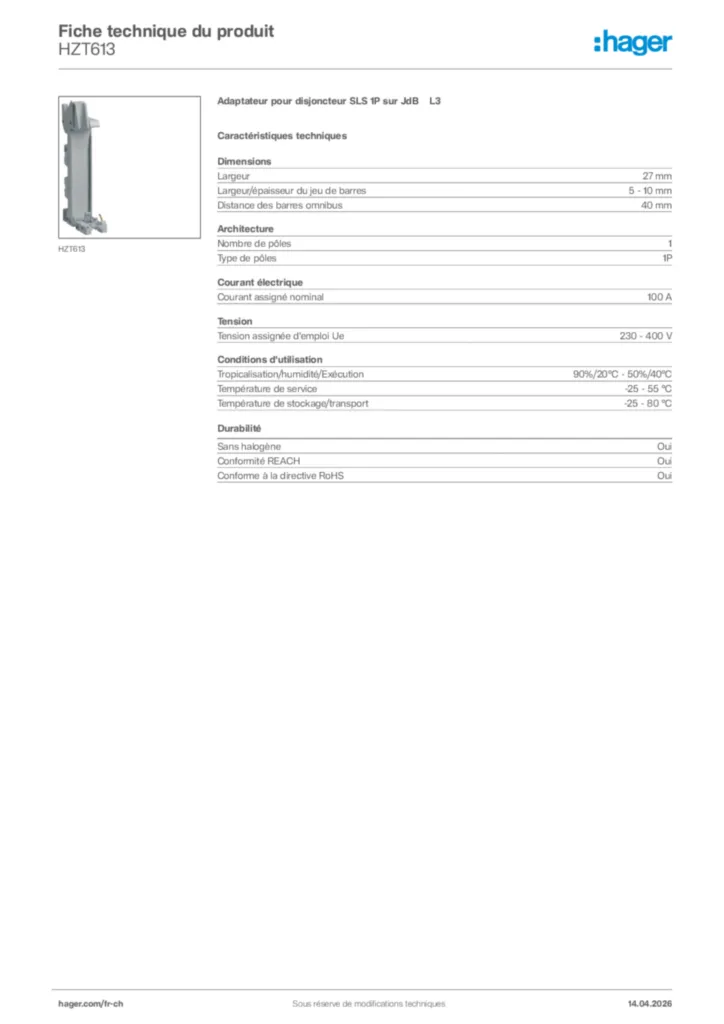 Image Hager Fiche technique du produit HZT613 | Hager Suisse