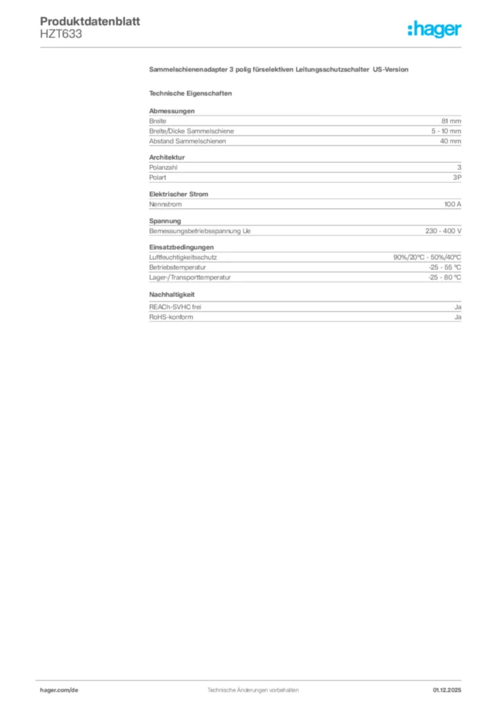 Bild Hager Produktdatenblatt HZT633 | Hager Deutschland