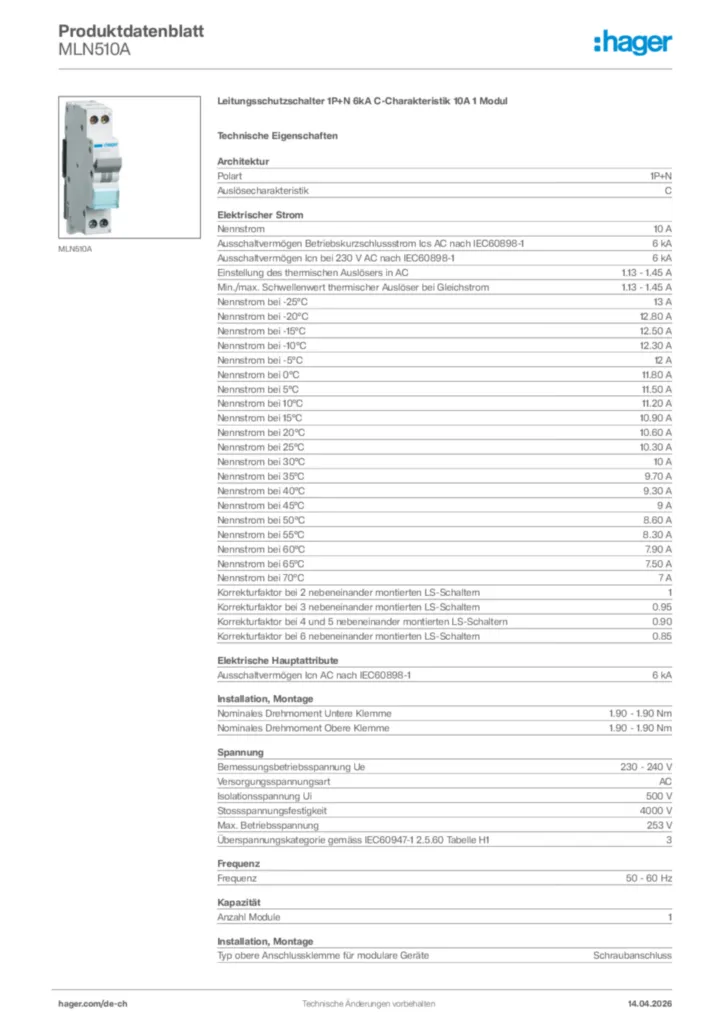 Bild Hager Produktdatenblatt MLN510A | Hager Schweiz
