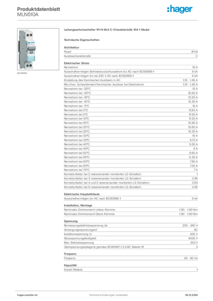 Bild Hager Produktdatenblatt MLN510A | Hager Schweiz