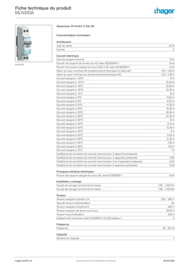 Image Hager Fiche technique du produit MLN510A | Hager Suisse