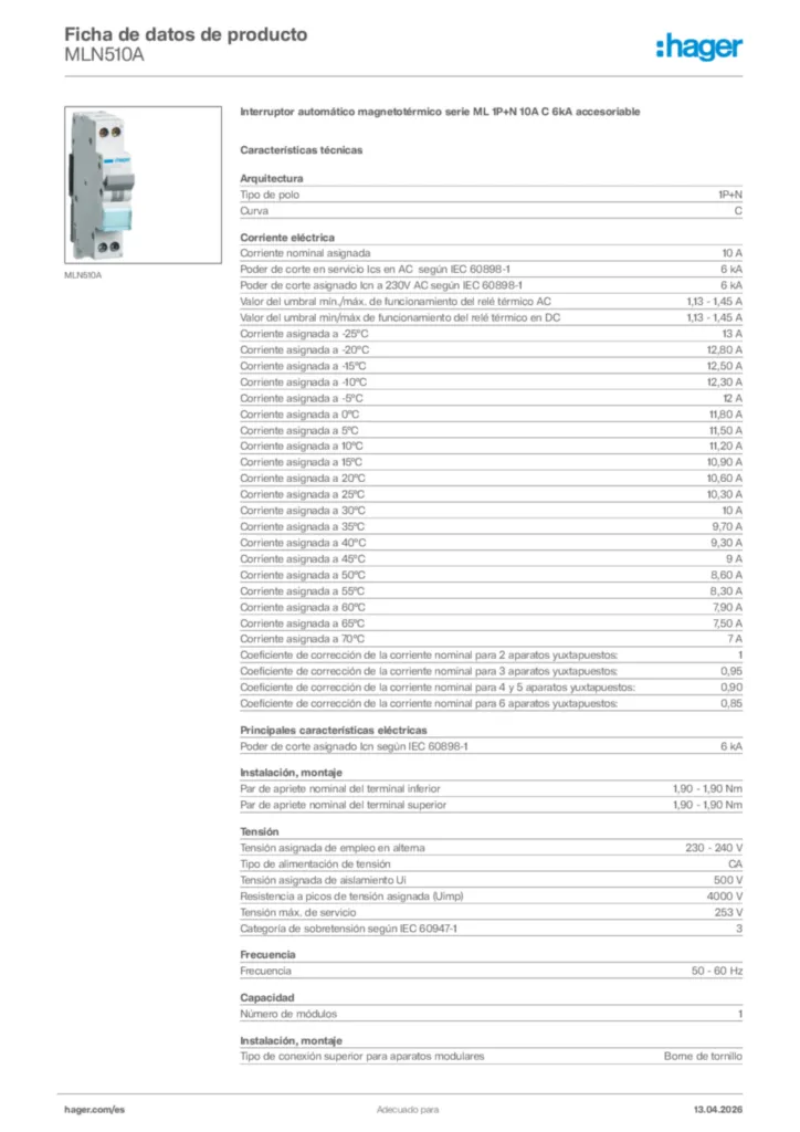 Imagen Hager Ficha de datos de producto MLN510A | Hager España