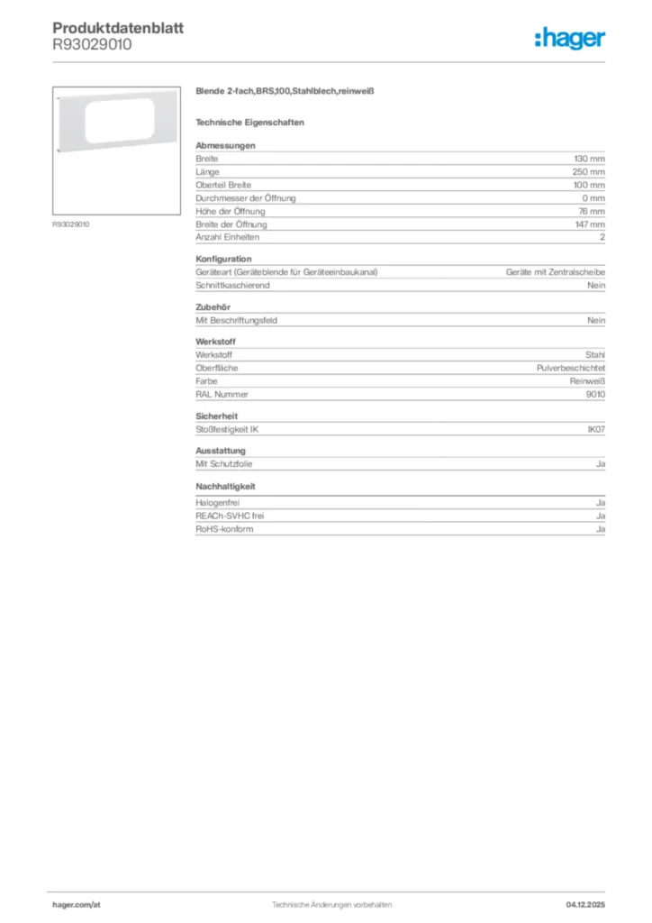 Bild Hager Produktdatenblatt R93029010 | Hager Deutschland
