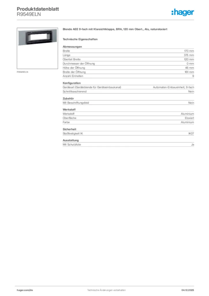 Bild Hager Produktdatenblatt R9549ELN | Hager Deutschland