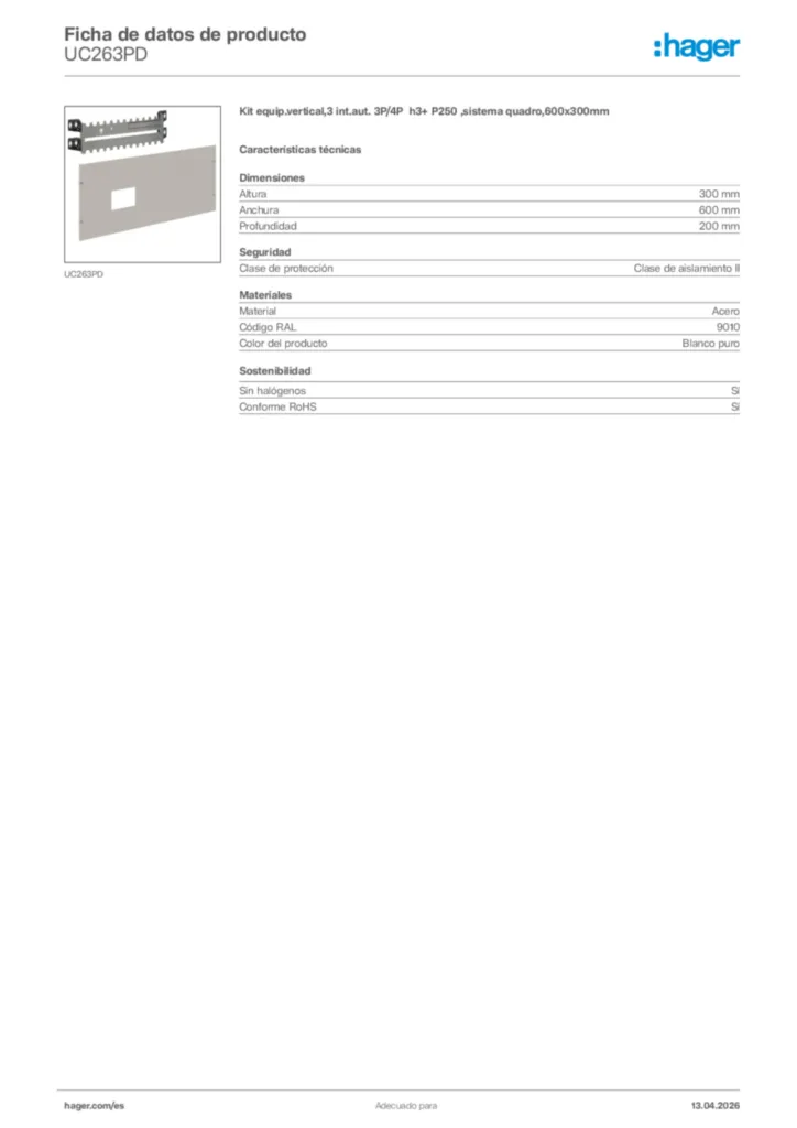 Imagen Hager Ficha de datos de producto UC263PD | Hager España
