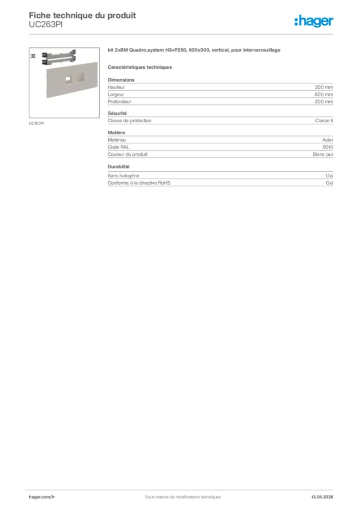 Image Hager Fiche technique du produit UC263PI | Hager France