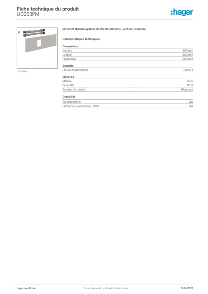 Image Hager Fiche technique du produit UC263PM | Hager Belgique