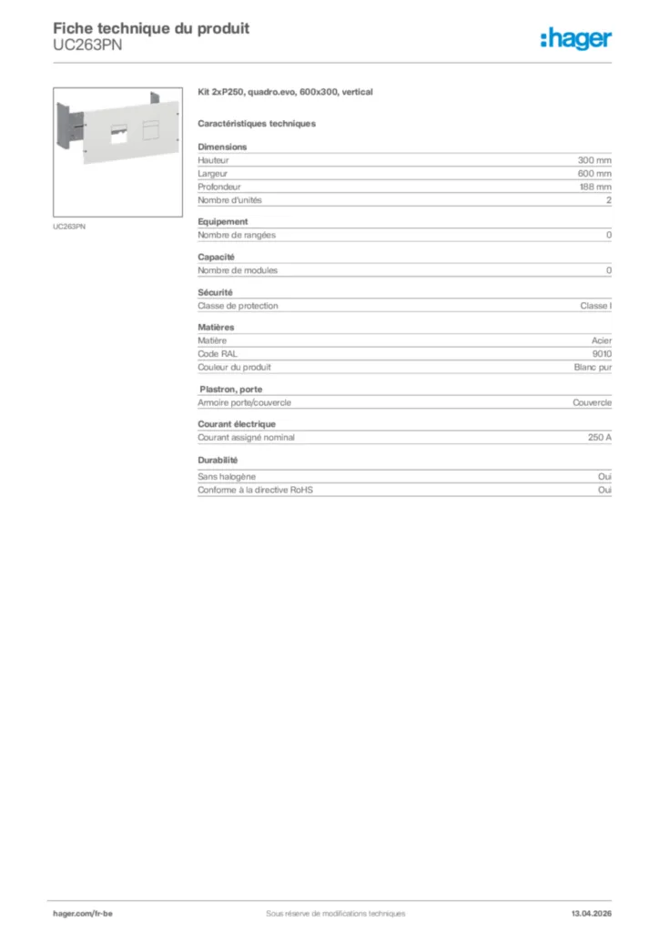 Image Hager Fiche technique du produit UC263PN | Hager Belgique