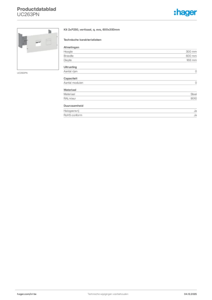 Afbeelding Hager Productdatablad UC263PN | Hager Belgium
