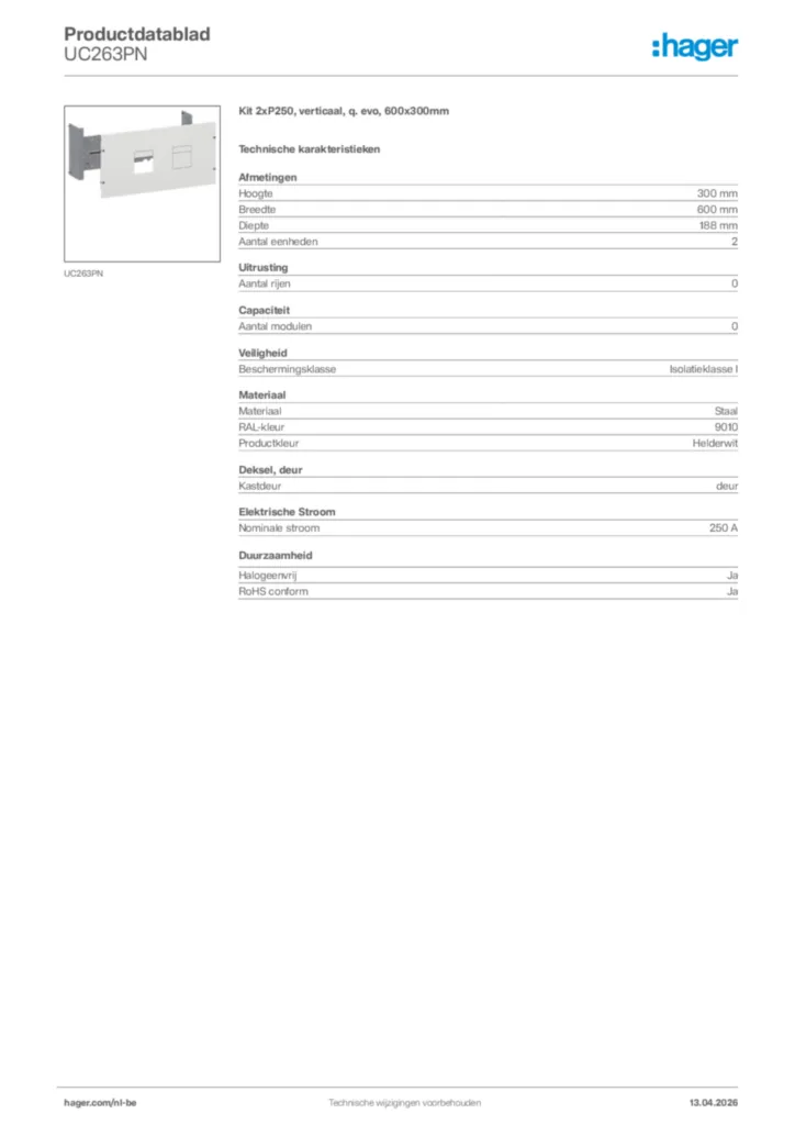 Afbeelding Hager Productdatablad UC263PN | Hager Belgium