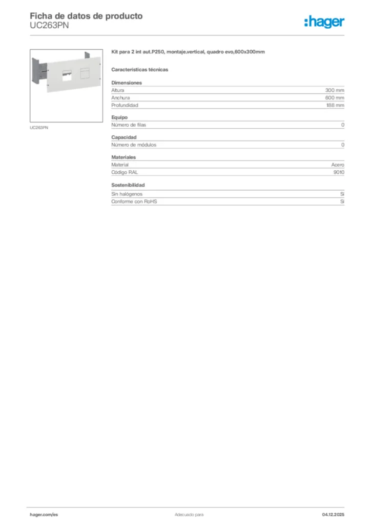 Imagen Hager Ficha de datos de producto UC263PN | Hager España