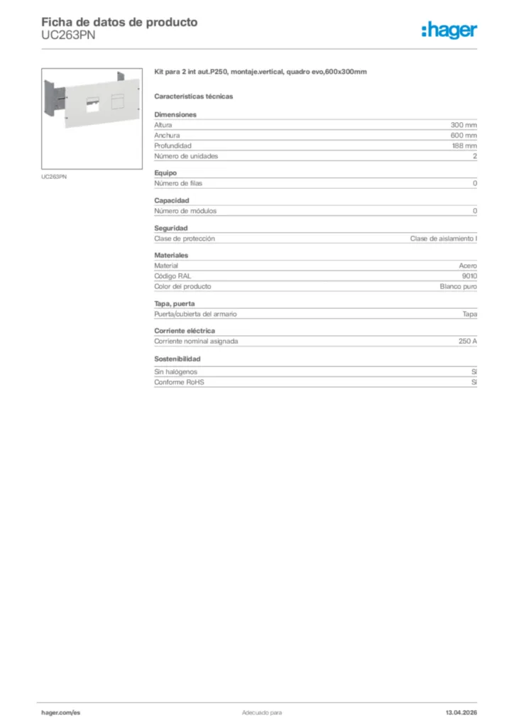Imagen Hager Ficha de datos de producto UC263PN | Hager España