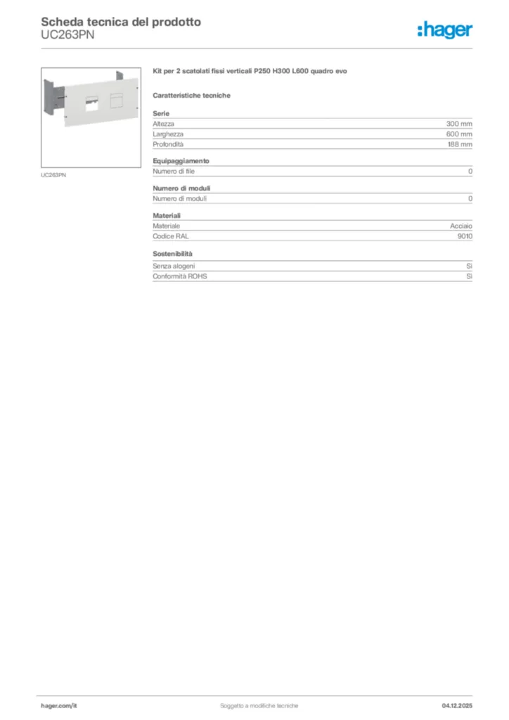 Immagine Hager Scheda tecnica del prodotto UC263PN | Hager Italia