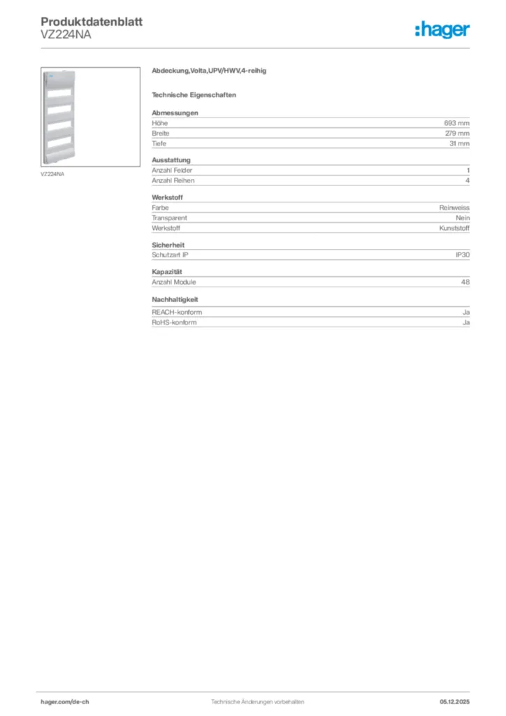 Bild Hager Produktdatenblatt VZ224NA | Hager Schweiz