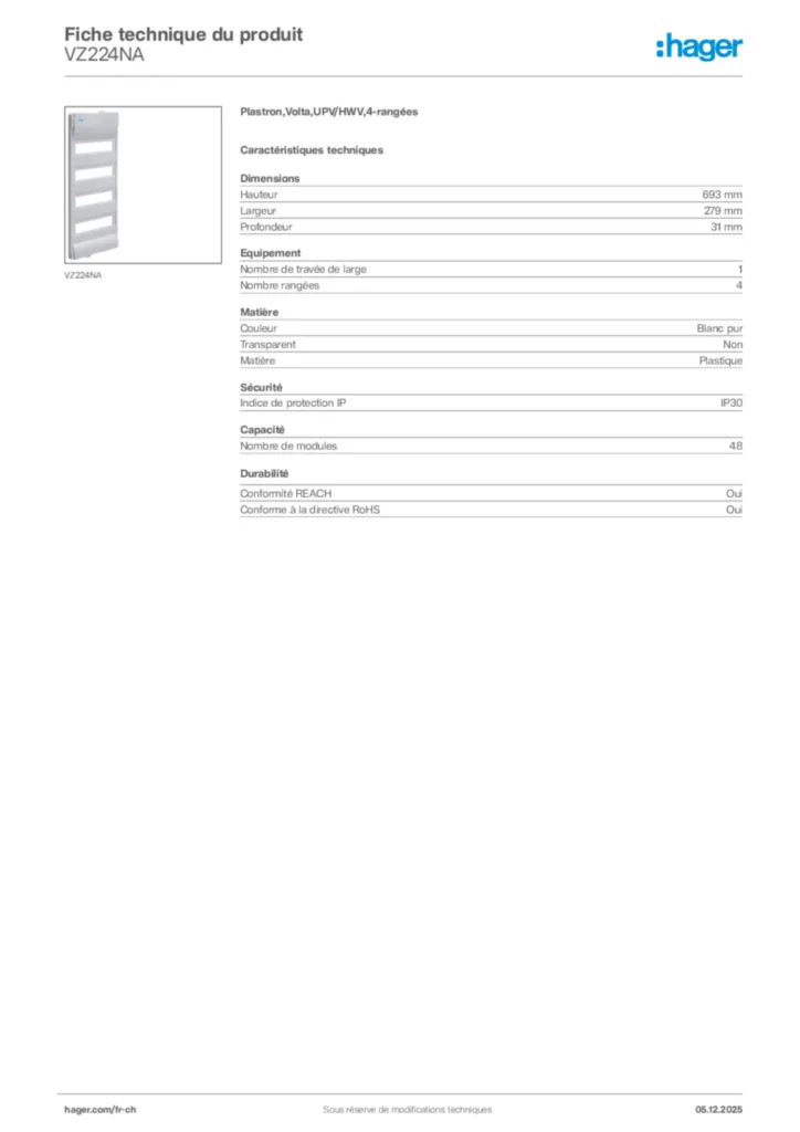 Image Hager Fiche technique du produit VZ224NA | Hager Suisse