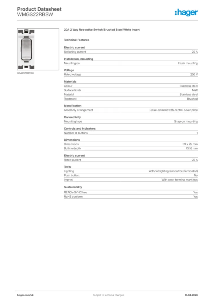 Image Hager Product data sheet WMGS22RBSW  | Hager