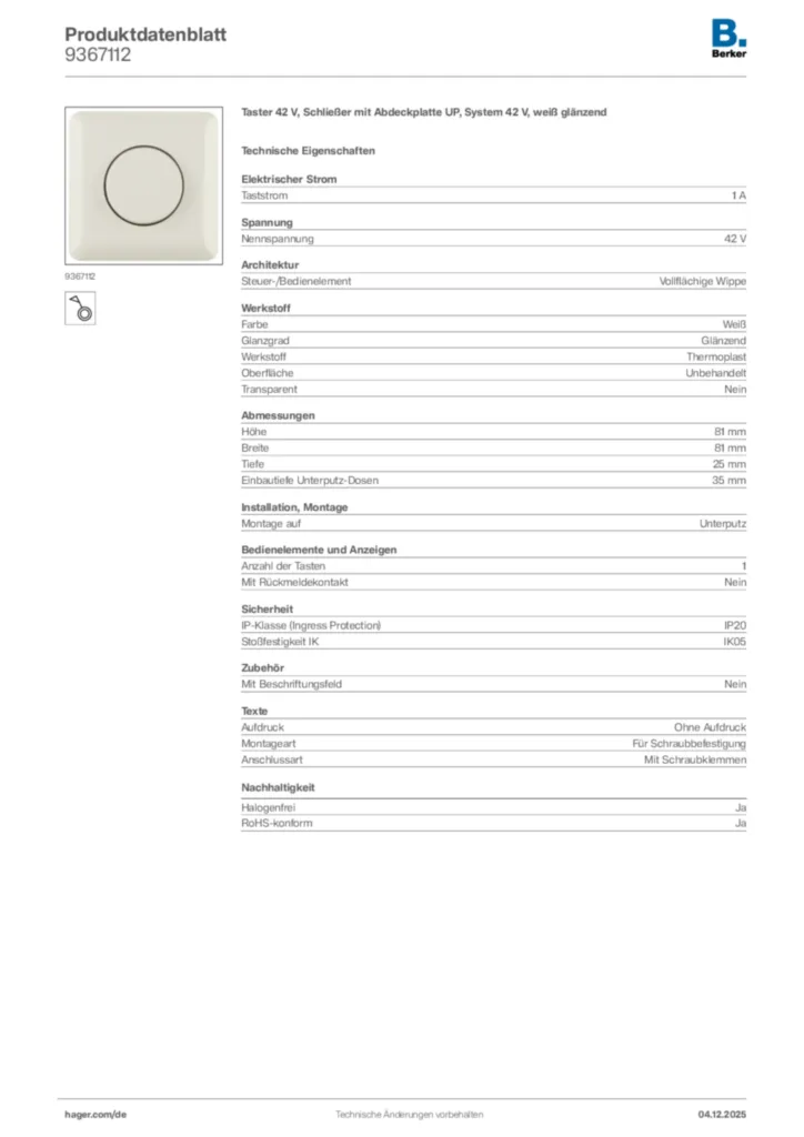 Bild Berker Produktdatenblatt 9367112 | Hager Deutschland