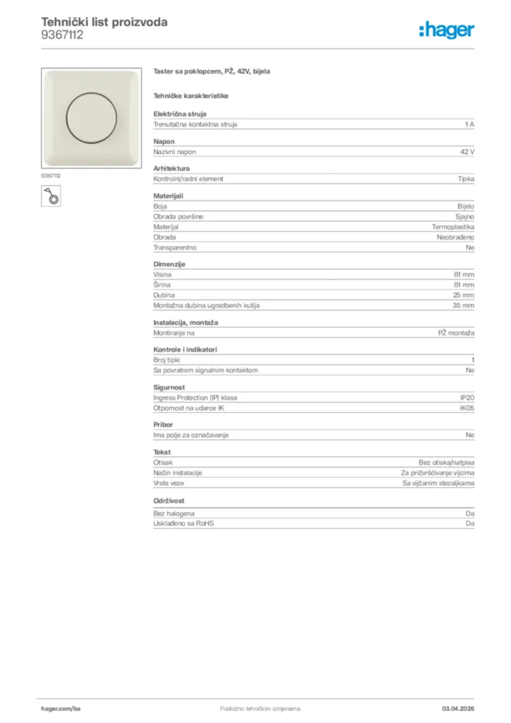 Slika Hager Tehnički list proizvoda 9367112  | Hager