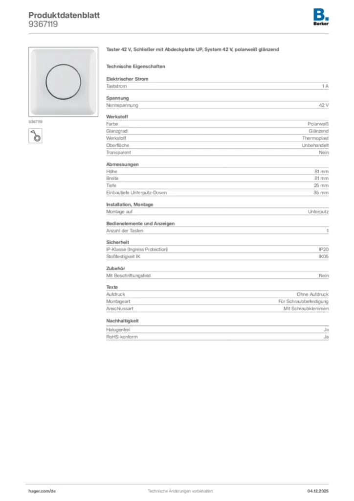 Bild Berker Produktdatenblatt 9367119 | Hager Deutschland