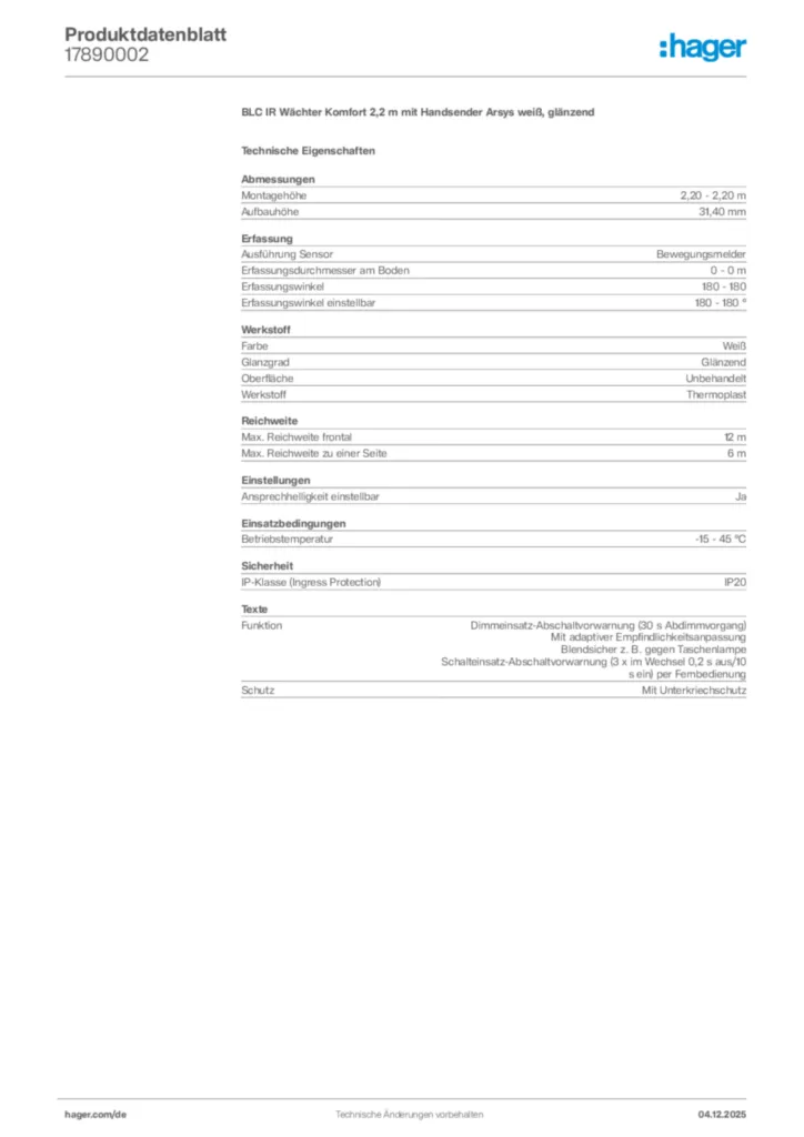 Bild Hager Produktdatenblatt 17890002 | Hager Deutschland