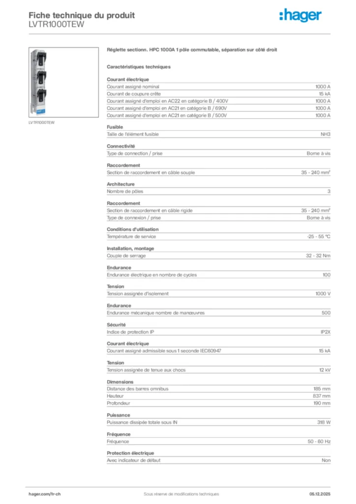 Image Hager Fiche technique du produit LVTR1000TEW | Hager Suisse