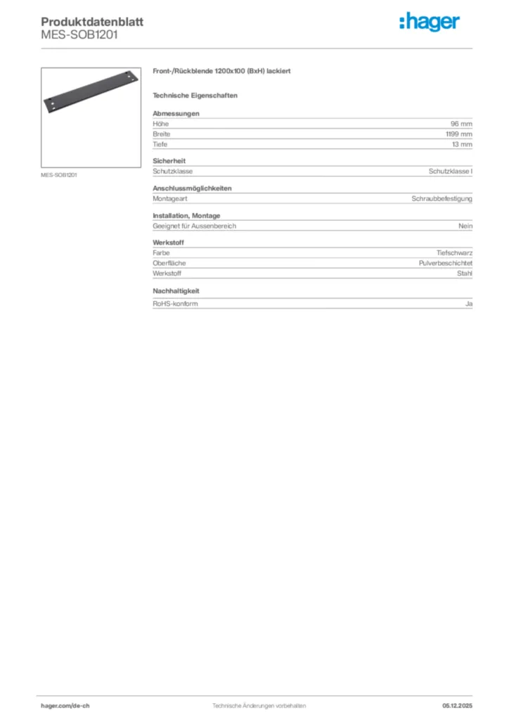 Bild Hager Produktdatenblatt MES-SOB1201 | Hager Schweiz