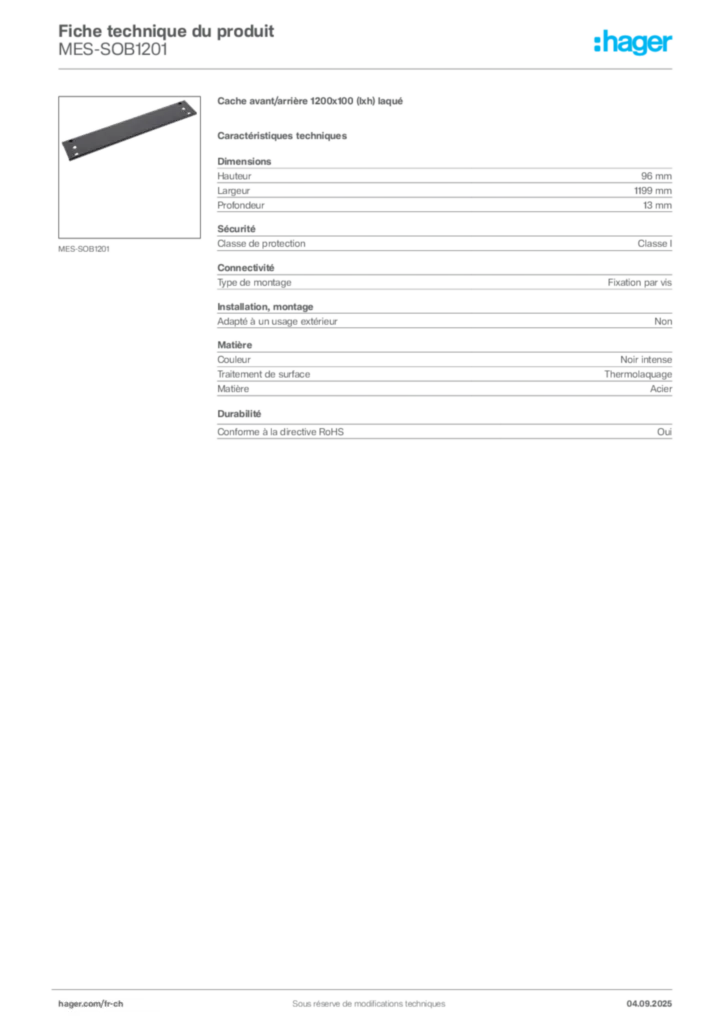 Image Hager Fiche technique du produit MES-SOB1201 | Hager Suisse