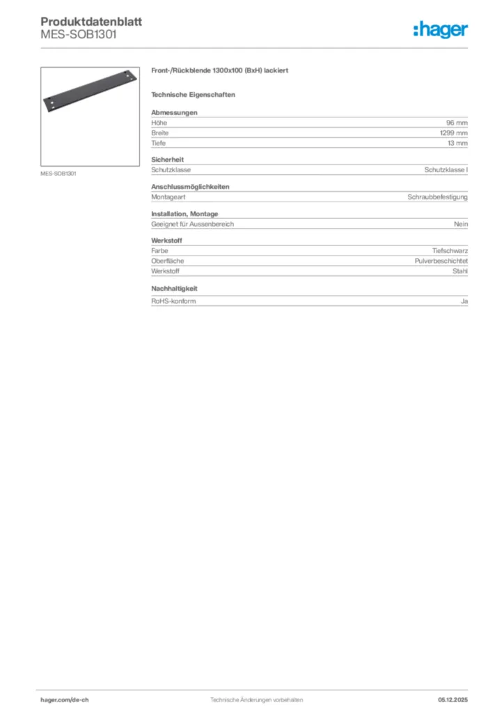 Bild Hager Produktdatenblatt MES-SOB1301 | Hager Schweiz