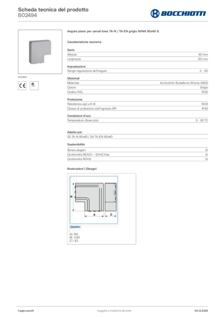 Immagine Bocchiotti Scheda tecnica del prodotto B02494 | Hager Italia