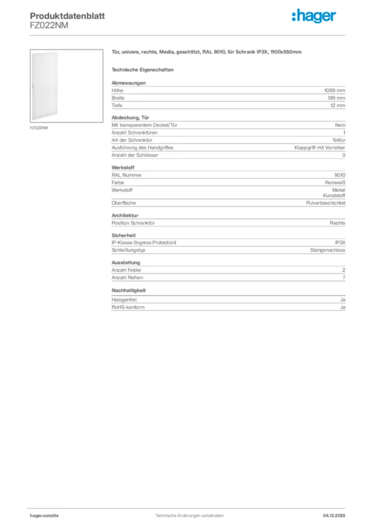 Hager Produktdatenblatt FZ022NM