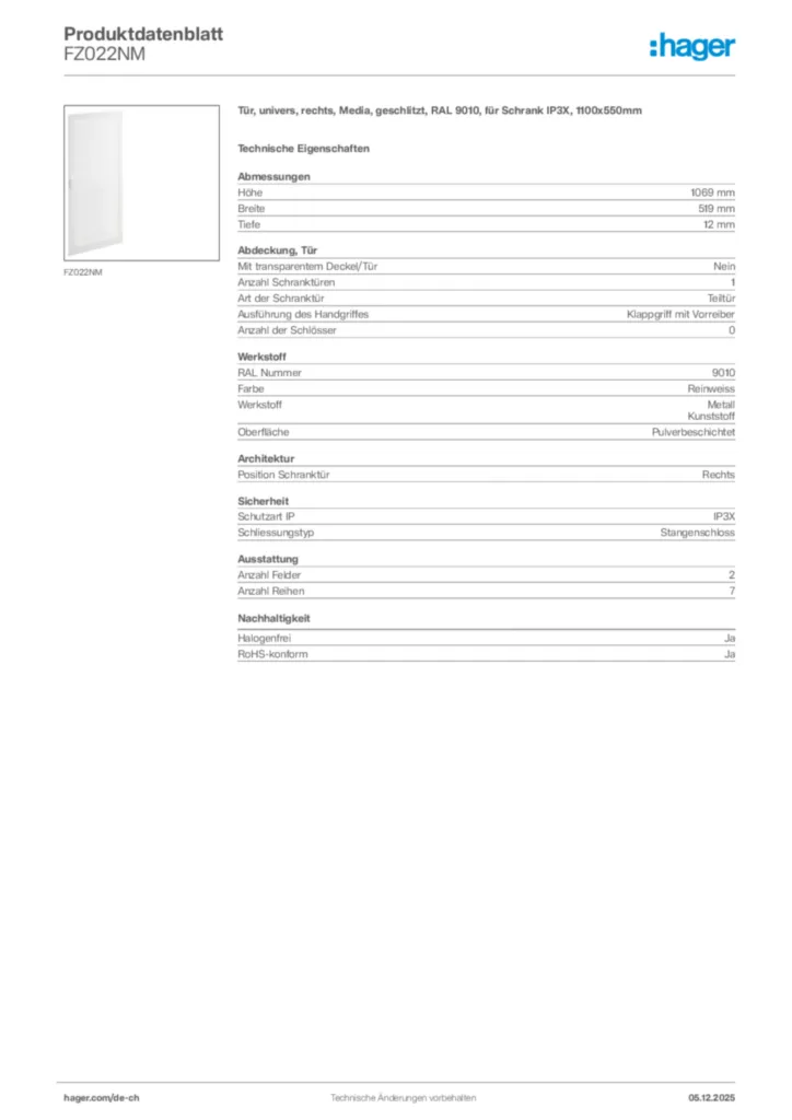 Bild Hager Produktdatenblatt FZ022NM | Hager Schweiz