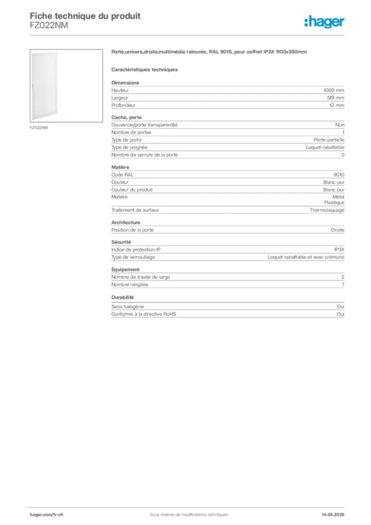 Image Hager Fiche technique du produit FZ022NM | Hager Suisse