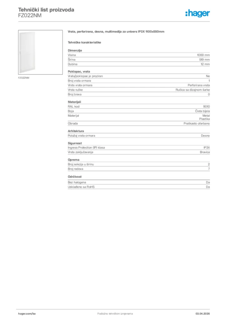 Slika Hager Tehnički list proizvoda FZ022NM  | Hager