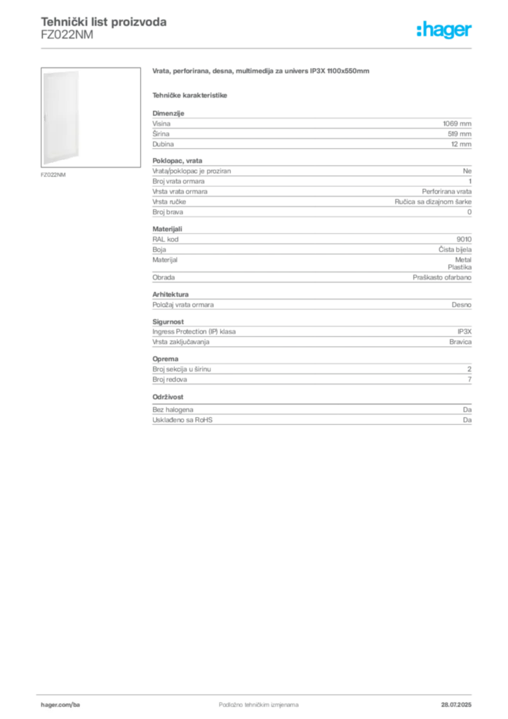 Slika Hager Product data sheet FZ022NM  | Hager