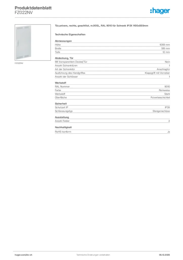 Bild Hager Produktdatenblatt FZ022NV | Hager Schweiz