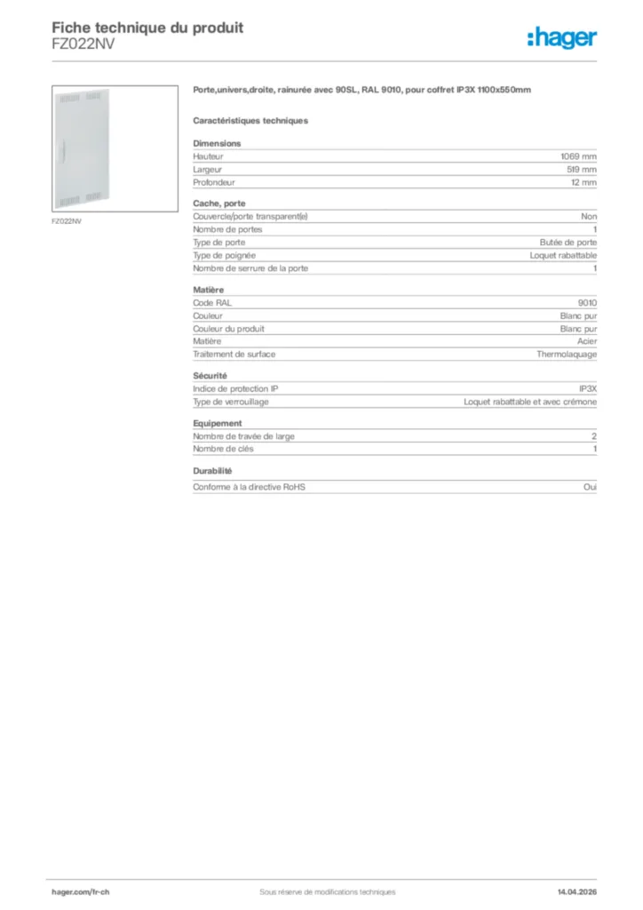Image Hager Fiche technique du produit FZ022NV | Hager Suisse