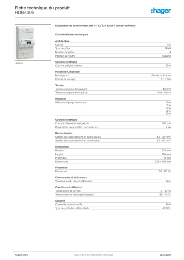 Image Hager Fiche technique du produit HDB430S | Hager France