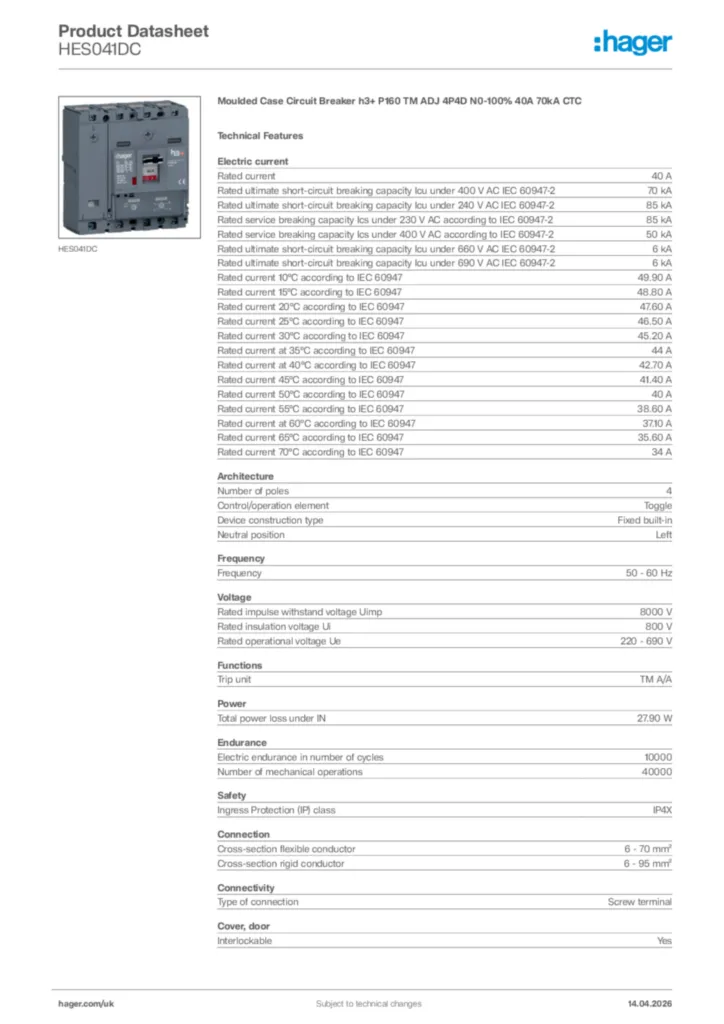 Image Hager Product data sheet HES041DC  | Hager