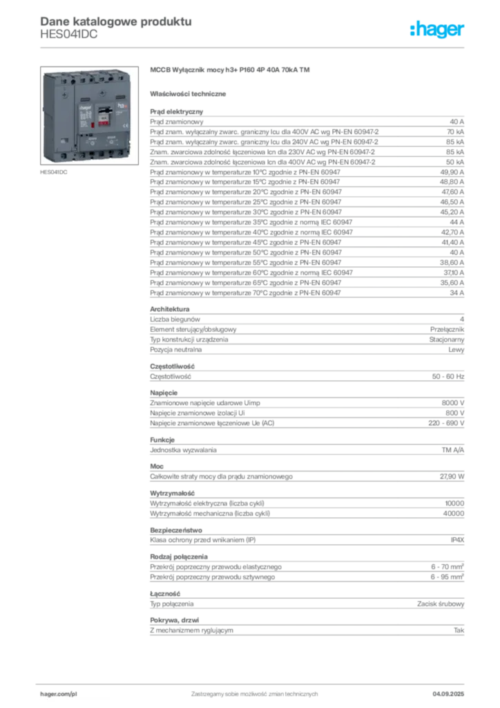 Zdjęcie Hager Dane katalogowe produktu HES041DC | Hager Polska