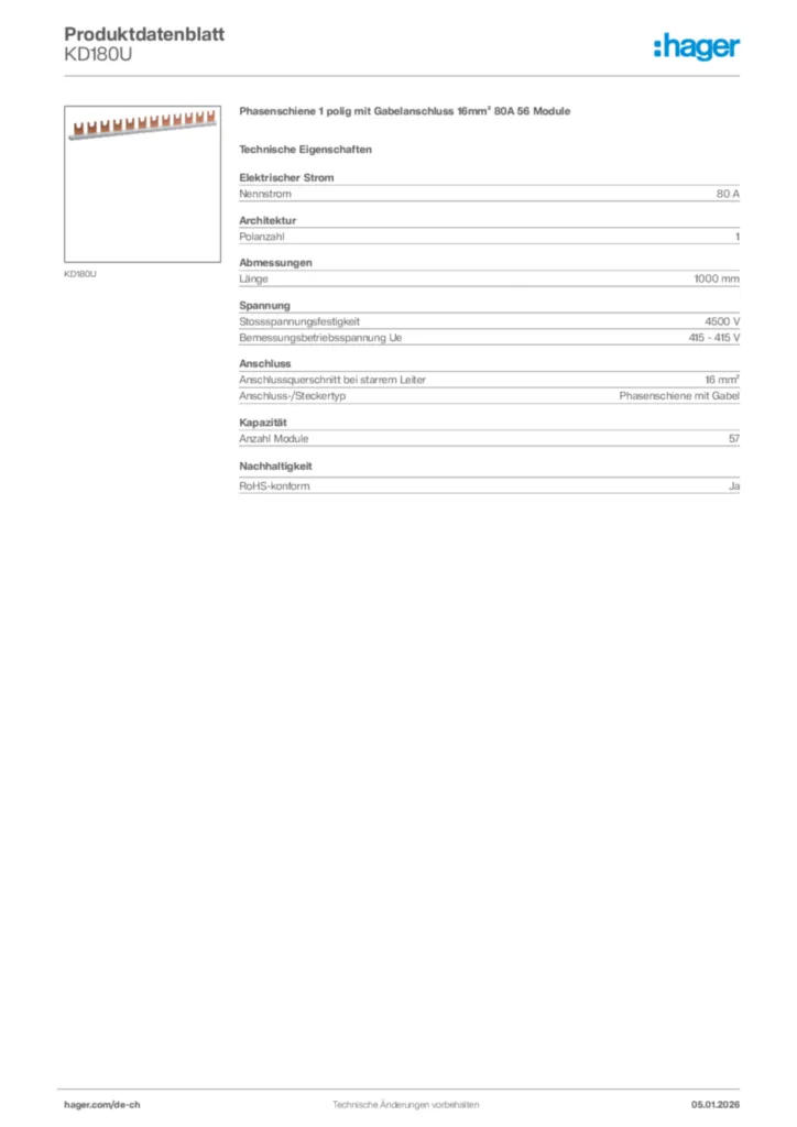 Bild Hager Produktdatenblatt KD180U | Hager Schweiz