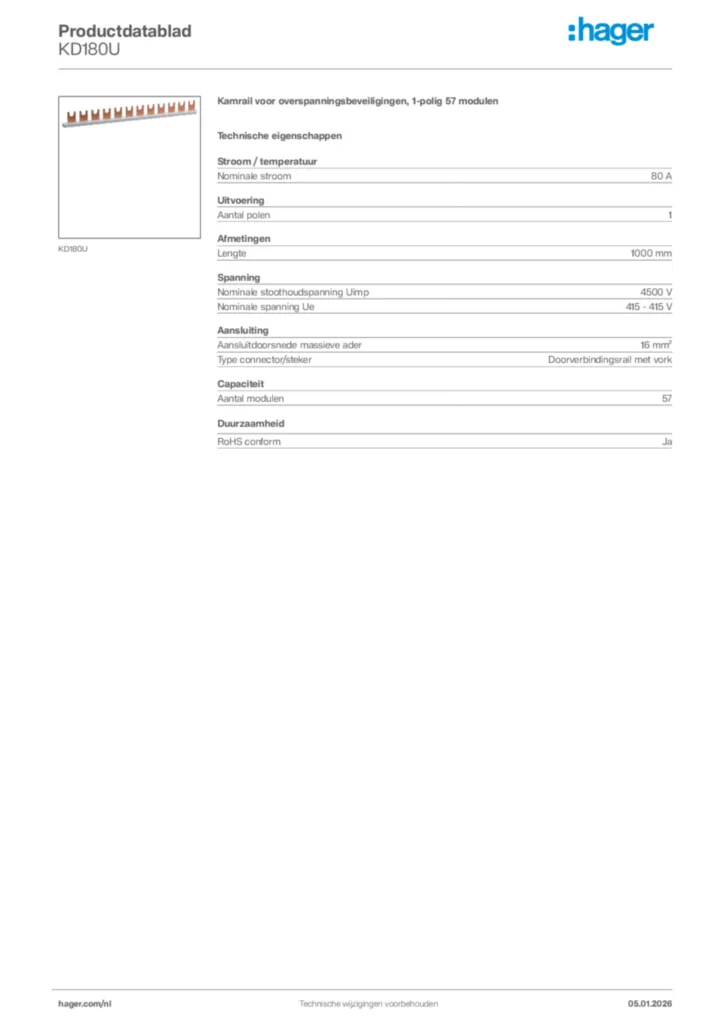 Afbeelding Hager Productdatablad KD180U | Hager Nederland