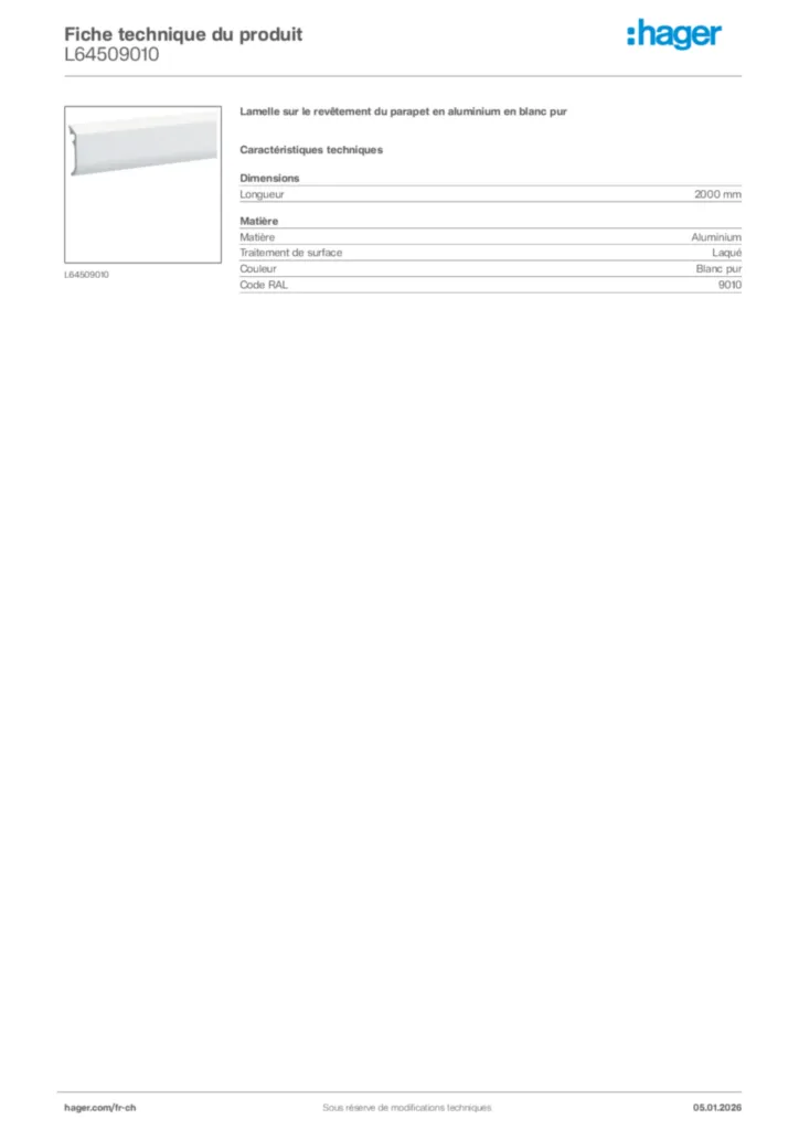 Image Hager Fiche technique du produit L64509010 | Hager Suisse