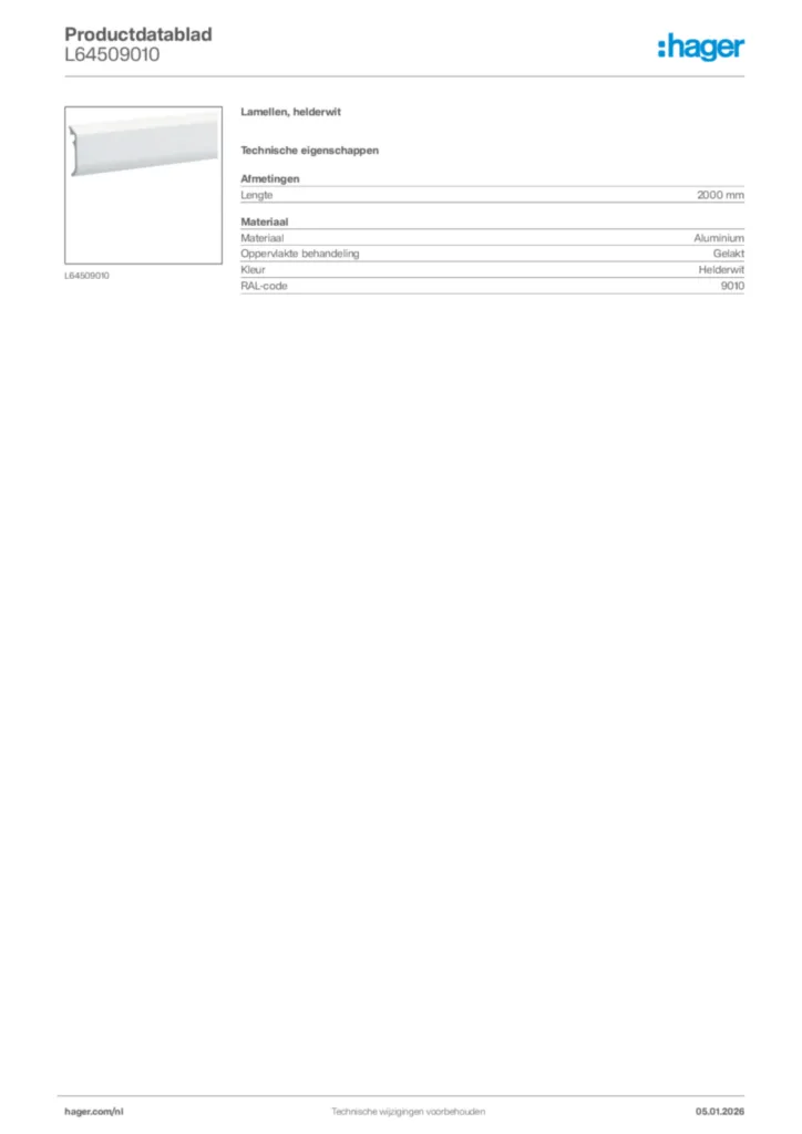 Afbeelding Hager Productdatablad L64509010 | Hager Nederland