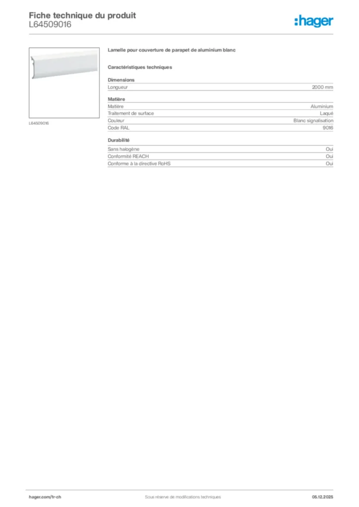 Image Hager Fiche technique du produit L64509016 | Hager Suisse