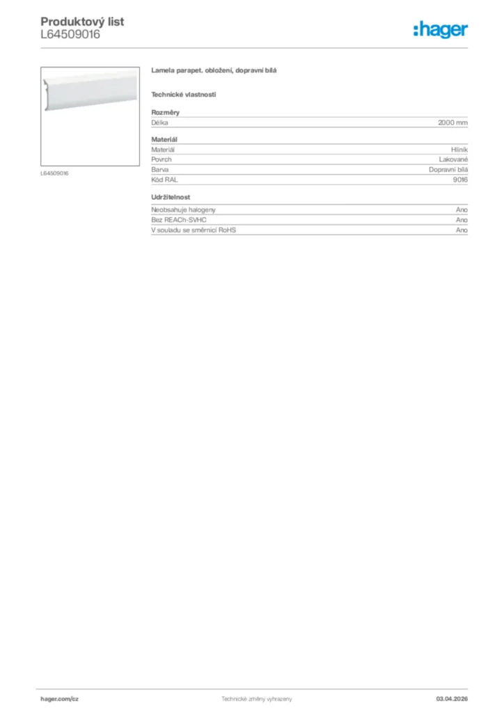 Obrázek Hager Product data sheet L64509016 | Hager