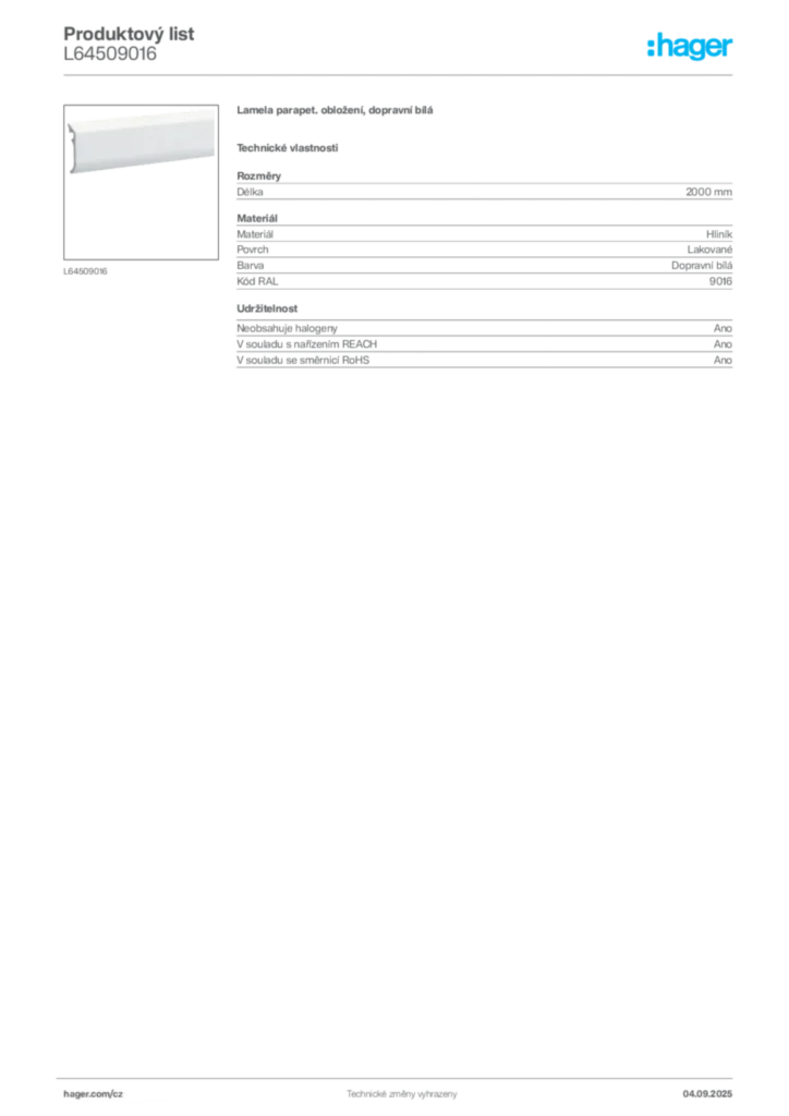 Obrázek Hager Produktový list L64509016 | Hager